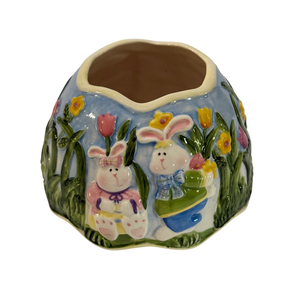 Home Interiors Easter Bunny Ceramic Candle Capper Jar Topper Floral Blue